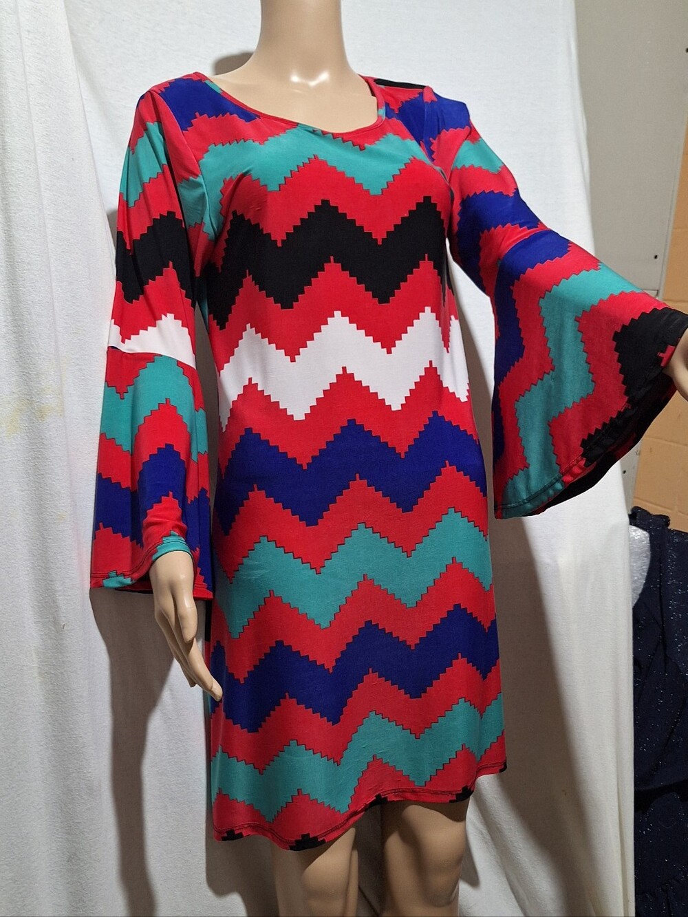 Vibrant Chevron Bell-Sleeve Dress - Red, Teal, Blue